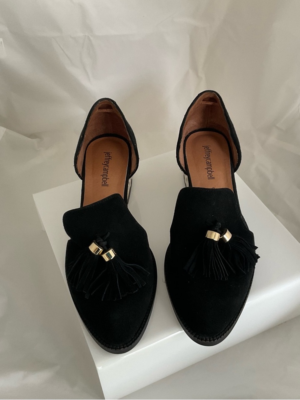 Jeffrey Campbell Black Suede Tassel Loafers with Pearl-Embellished Heel - Picture 5 of 6
